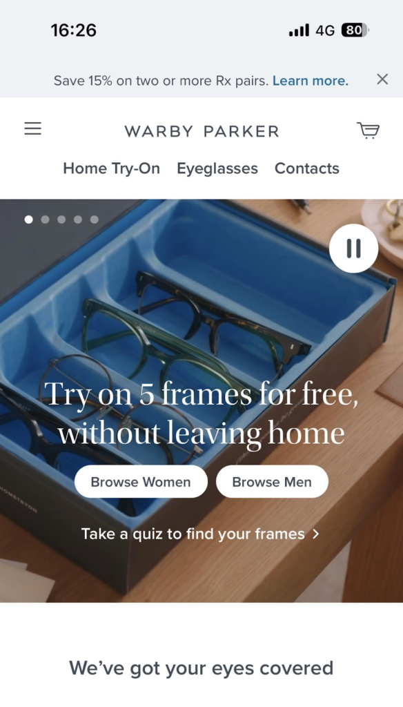 warby parker website scren shot, ANT Web Services